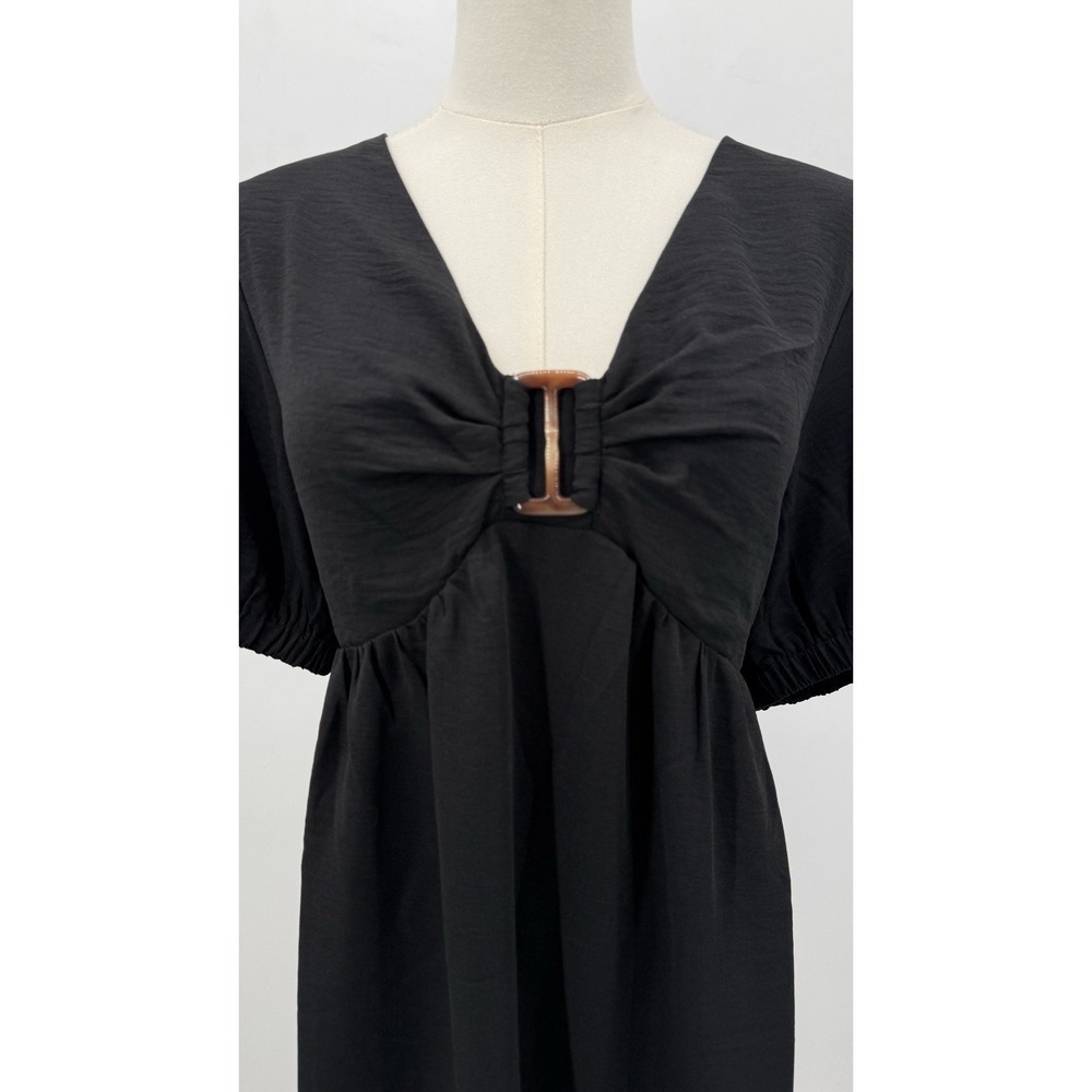 Joy Joy Women's XL Black Empire Waist Mini Dress V-Neck Tortoise Ring NWT Lined